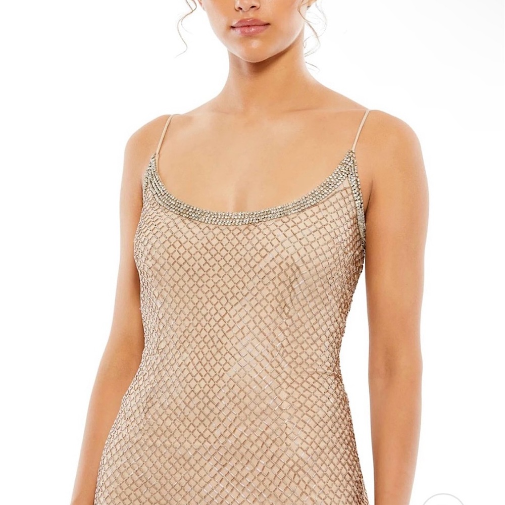 MAC DUGGAL, BEADED SPAGHETTI STRAP COLUMN Gold GOWN